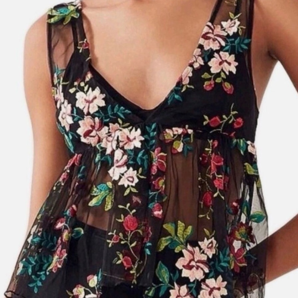 Ecote Sheer Embroidered Floral Tank Top Black Mesh Boho Festival Size S